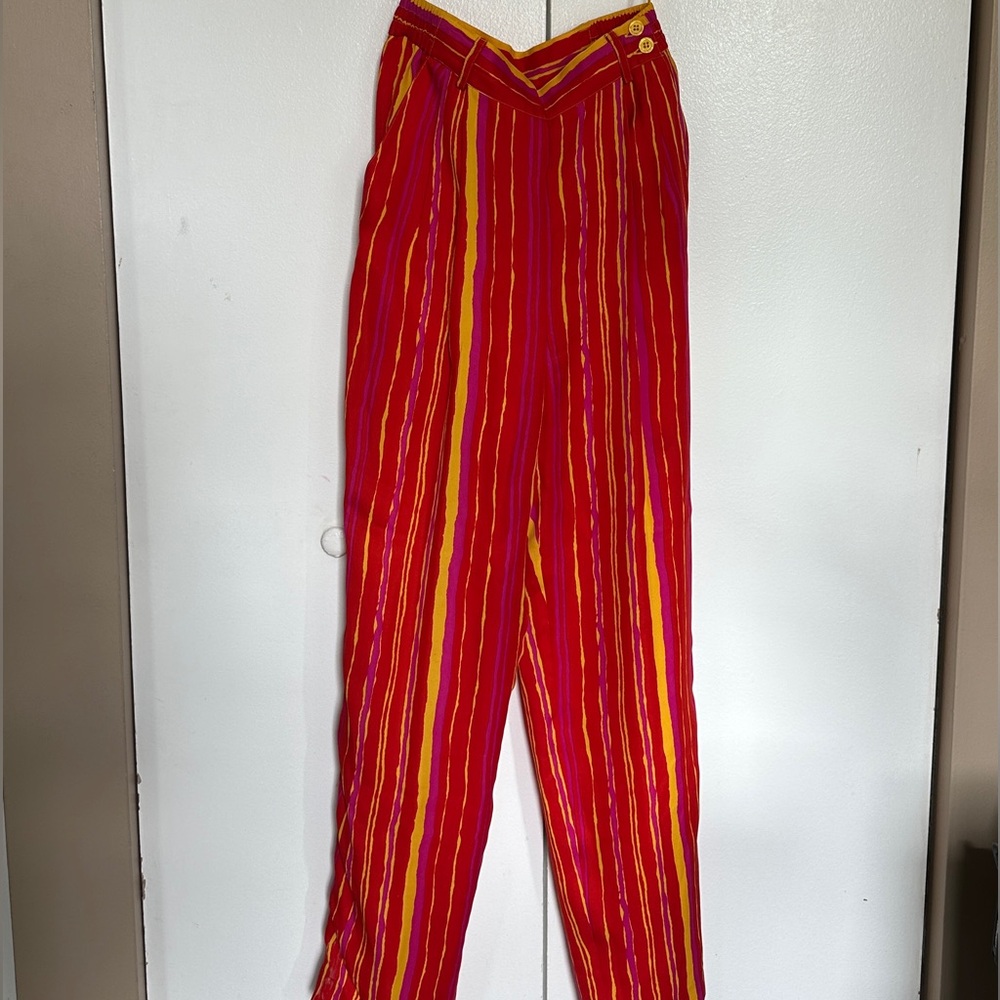 Vintage Red and Yellow Striped Silk Women's Trousers